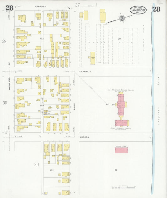 Sanborn Fire Insurance Map from Cambridge, Dorchester County, Maryland (1930), Sheet #0028 - Historic Sanborn Fire Insurance Map Print, vintage old map wall art, antique decor, genealogy gift, Maryland Maryland map