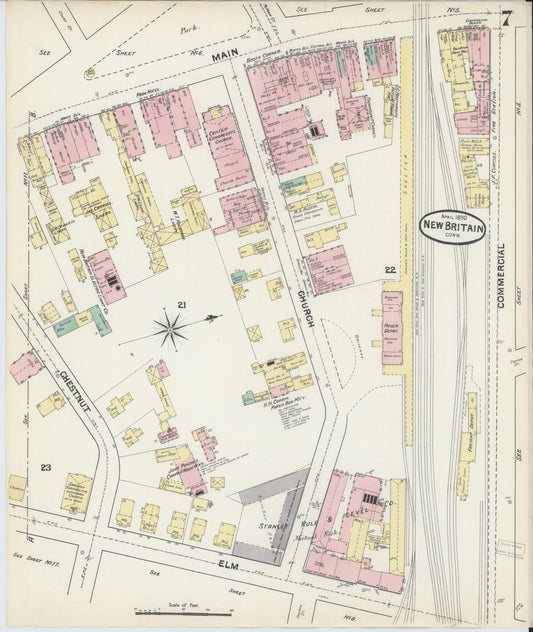 Sanborn Fire Insurance Map from New Britain, Hartford County, Connecticut (1890), Sheet #0007 - Historic Sanborn Fire Insurance Map Print, vintage old map wall art, antique decor, genealogy gift, Connecticut Connecticut map