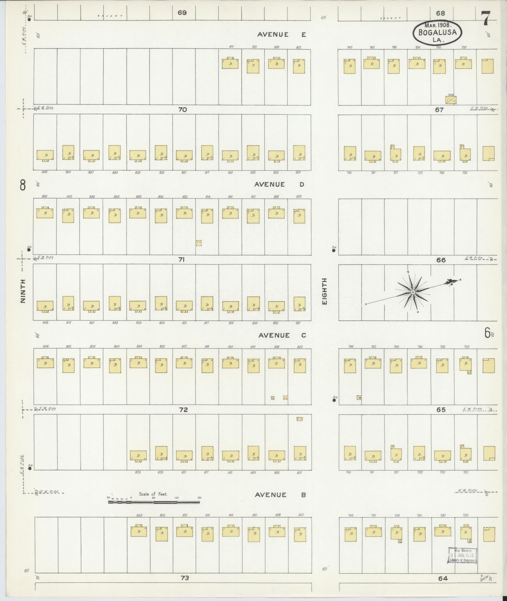 Sanborn Fire Insurance Map from Bogalusa, Washington Parish, Louisiana (1908), Sheet #0007 - Historic Sanborn Fire Insurance Map Print, vintage old map wall art, antique decor, genealogy gift, Louisiana Louisiana map