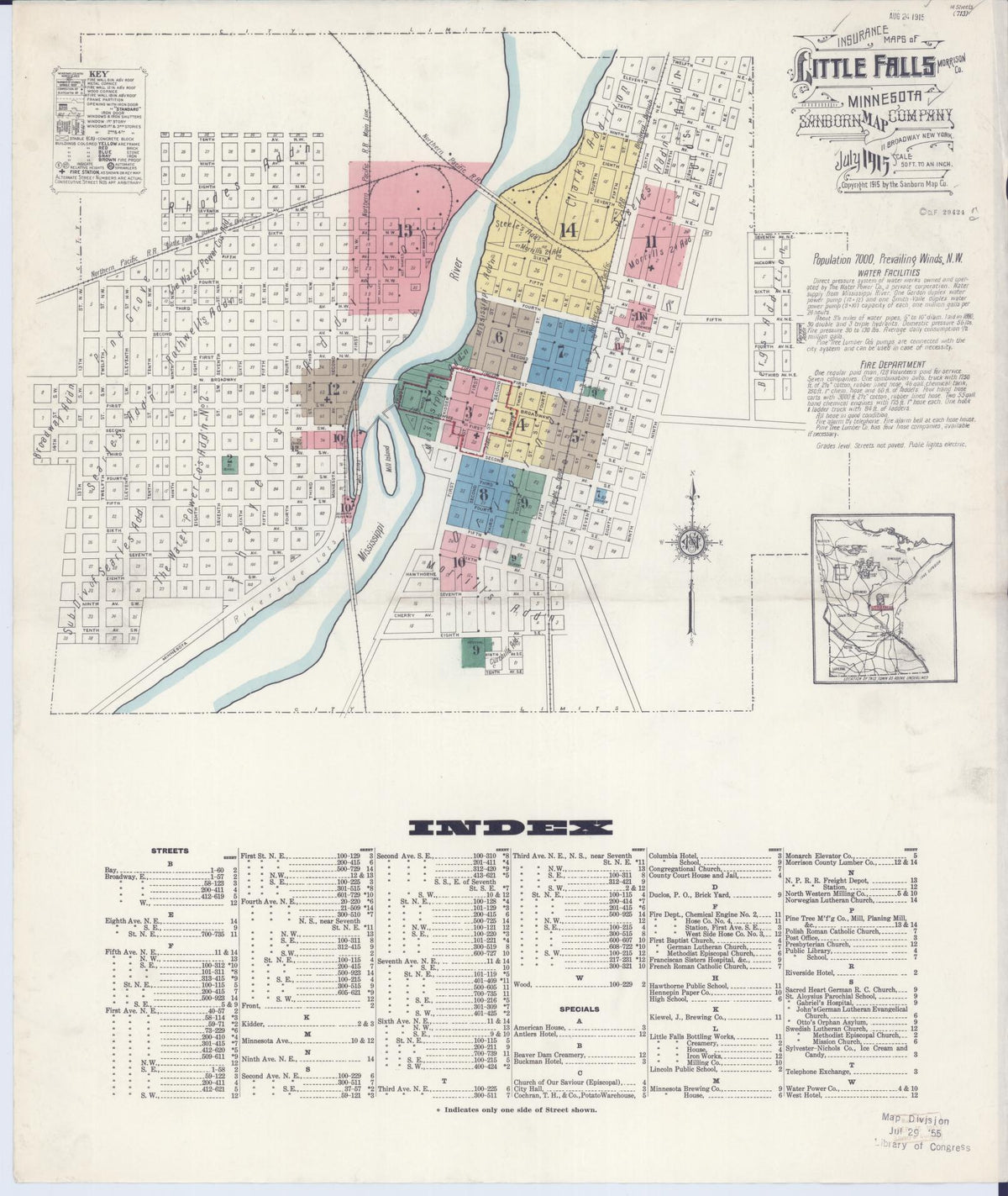 Sanborn Fire Insurance Map from Little Falls, Morrison County, Minnesota (1915), Sheet #0001 - Complete Map Set gallery image, historic Sanborn map, vintage wall art, Minnesota Minnesota