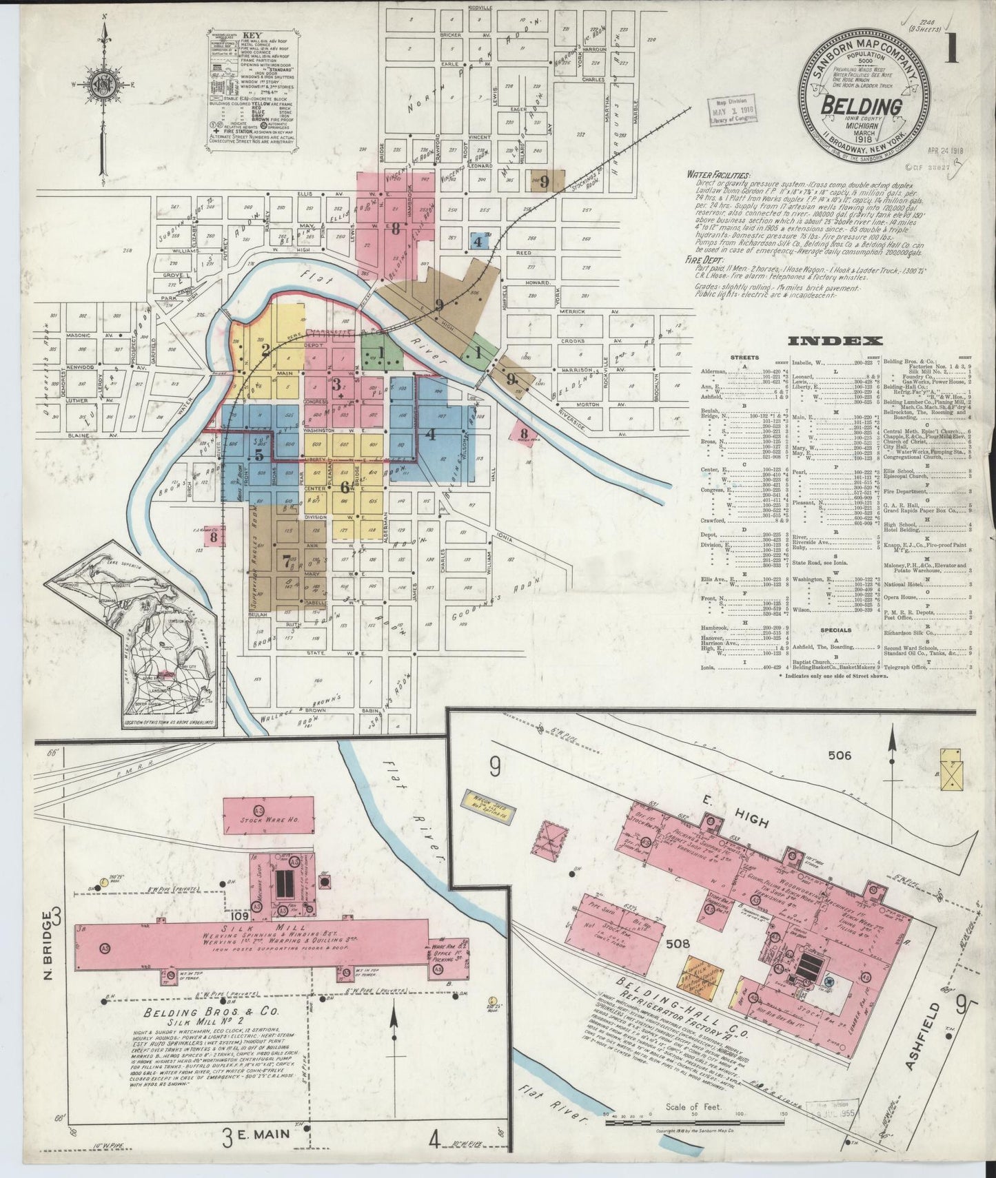 Sanborn Fire Insurance Map from Belding, Ionia County, Michigan (1918), Sheet #0001 - Historic Sanborn Fire Insurance Map Print, vintage old map wall art, antique decor, genealogy gift, Michigan Michigan map