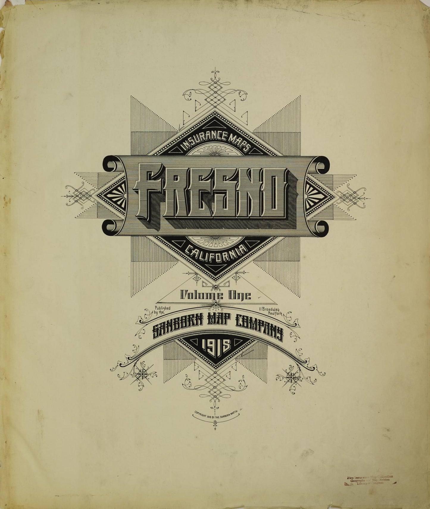 Sanborn Fire Insurance Map from Fresno, Fresno County, California (1918), Sheet #0001 - Historic Sanborn Fire Insurance Map Print, vintage old map wall art, antique decor, genealogy gift, California California map