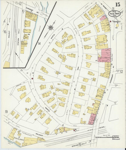 Sanborn Fire Insurance Map from Hyde Park, Norfolk County, Massachusetts (1911), Sheet #0015 - Historic Sanborn Fire Insurance Map Print, vintage old map wall art, antique decor, genealogy gift, Massachusetts Massachusetts map