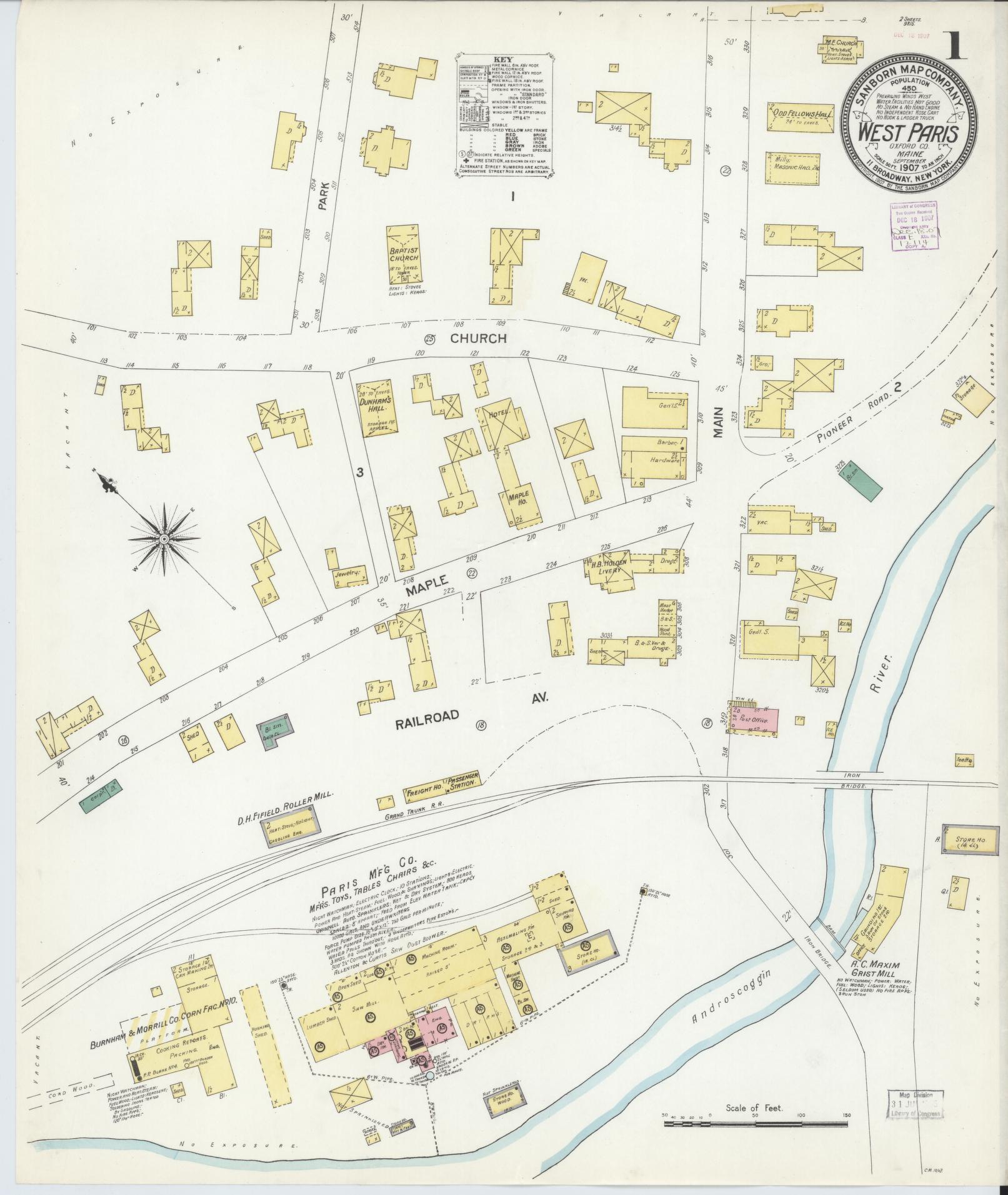 Sanborn Fire Insurance Map from West Paris, Oxford County, Maine (1907), Sheet #0001 - Complete Map Set gallery image, historic Sanborn map, vintage wall art, Maine Maine