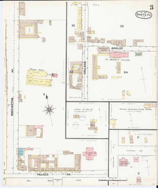 Sanborn Fire Insurance Map from Santa Fe, Santa Fe County, New Mexico (1890), Sheet #0003 - Historic Sanborn Fire Insurance Map Print, vintage old map wall art, antique decor, genealogy gift, New Mexico New Mexico map