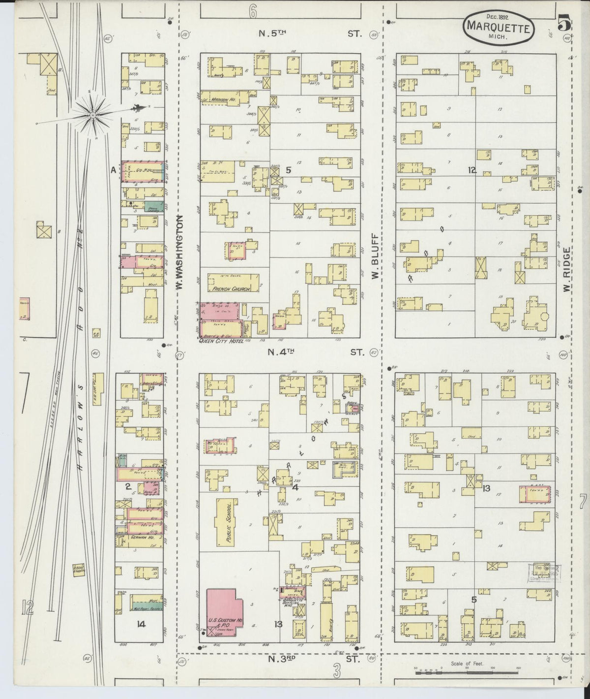 Sanborn Fire Insurance Map from Marquette, Marquette County, Michigan (1892), Sheet #0005 - Historic Sanborn Fire Insurance Map Print, vintage old map wall art, antique decor, genealogy gift, Michigan Michigan map