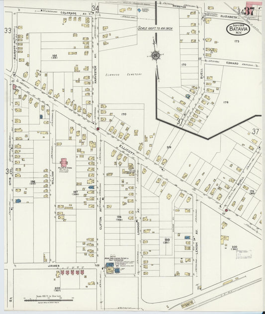 Sanborn Fire Insurance Map from Batavia, Genesee County, New York (1919), Sheet #0037 - Historic Sanborn Fire Insurance Map Print, vintage old map wall art, antique decor, genealogy gift, New York New York map