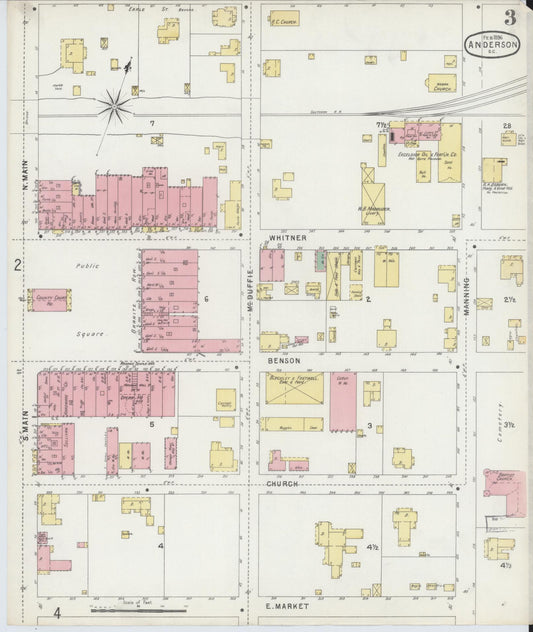 Sanborn Fire Insurance Map from Anderson, Anderson County, South Carolina (1896), Sheet #0003 - Historic Sanborn Fire Insurance Map Print, vintage old map wall art, antique decor, genealogy gift, South Carolina South Carolina map