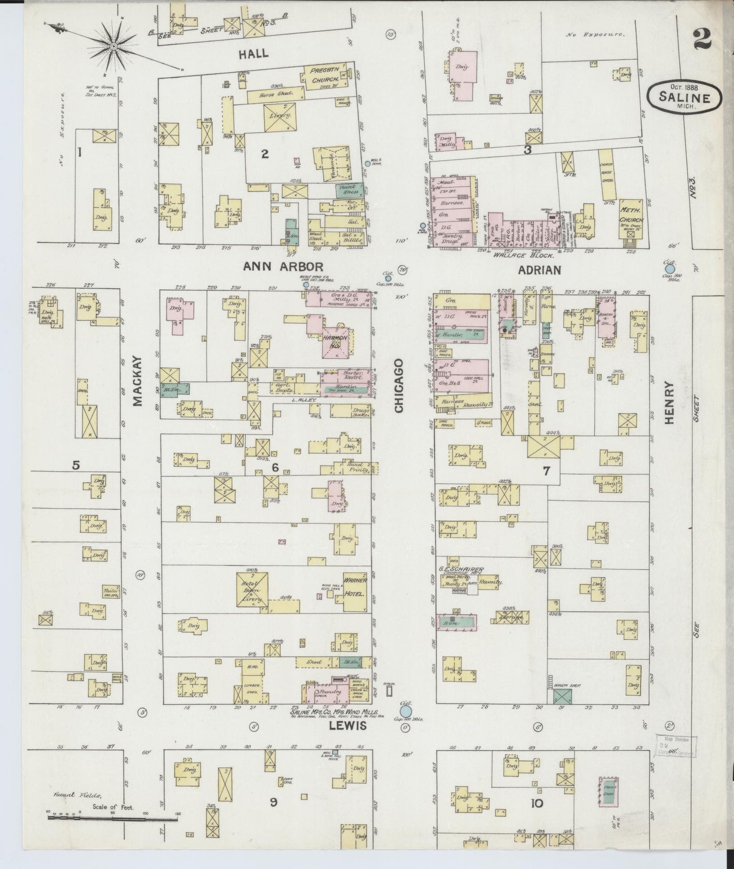 Sanborn Fire Insurance Map from Saline, Washtenaw County, Michigan (1888), Sheet #0002 - Complete Map Set gallery image, historic Sanborn map, vintage wall art, Michigan Michigan