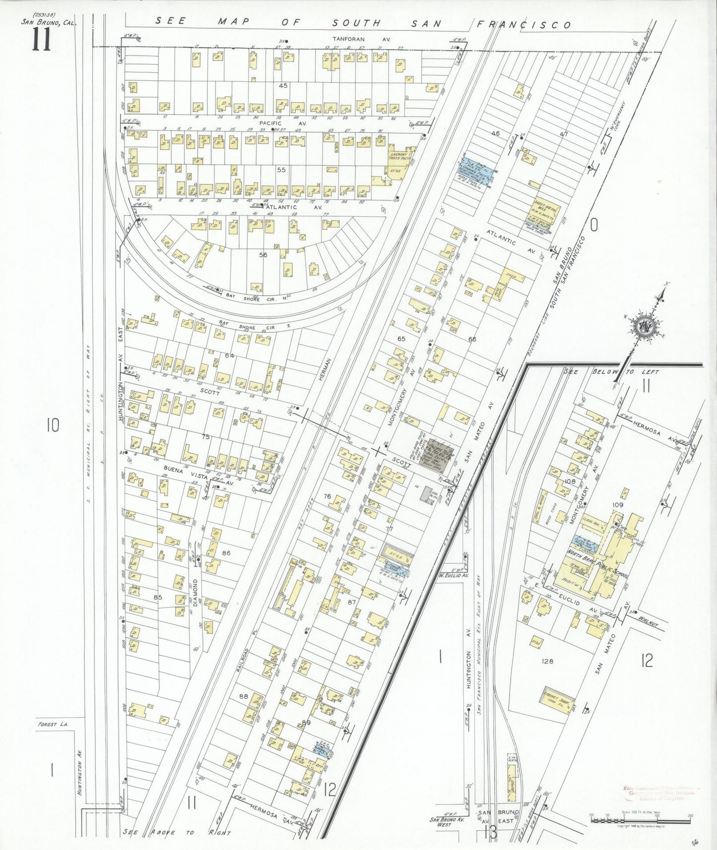 Sanborn Fire Insurance Map from San Bruno, San Mateo County, California (1949), Sheet #0011 - Complete Map Set gallery image, historic Sanborn map, vintage wall art, California California
