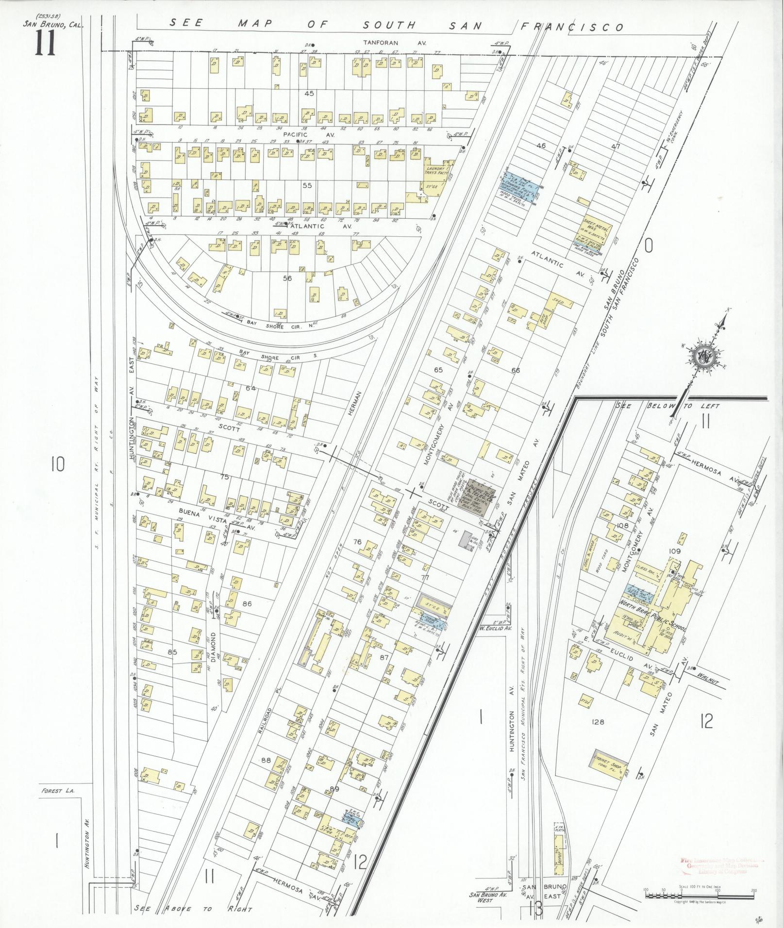 Sanborn Fire Insurance Map from San Bruno, San Mateo County, California (1949), Sheet #0011 - Complete Map Set gallery image, historic Sanborn map, vintage wall art, California California