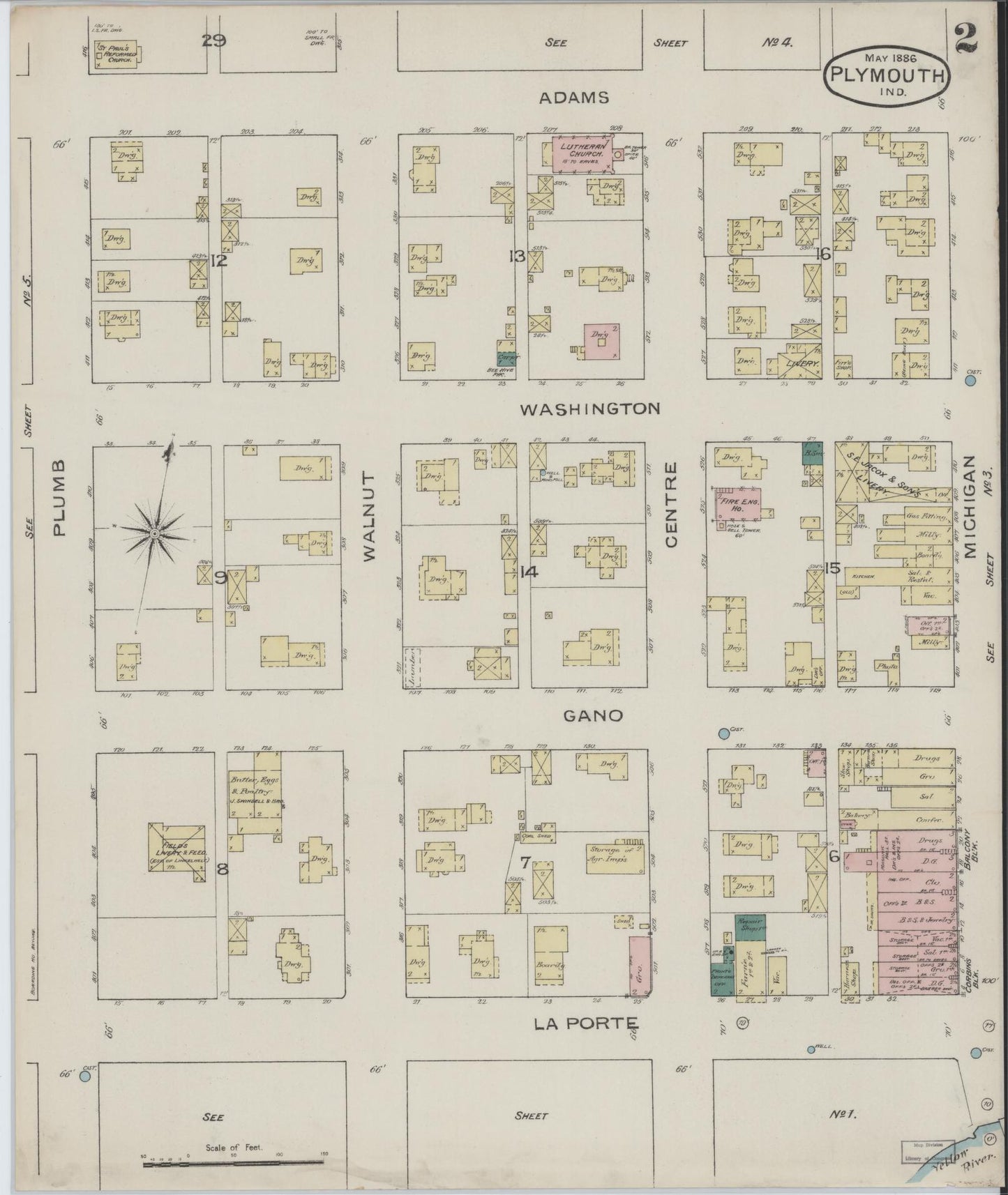 Sanborn Fire Insurance Map from Plymouth, Marhshall County, Indiana (1886), Sheet #0002 - Complete Map Set gallery image, historic Sanborn map, vintage wall art, Indiana Indiana