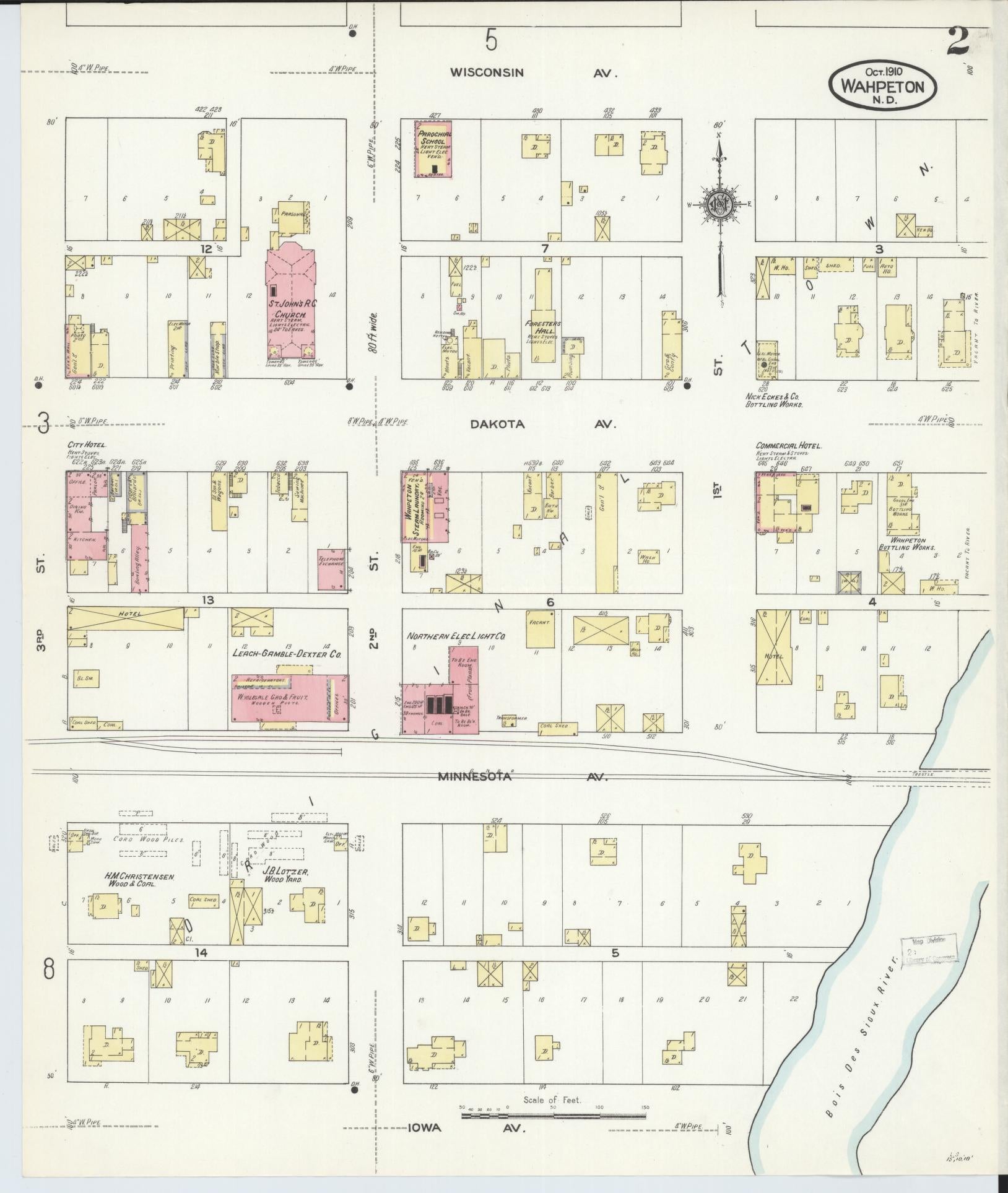 Sanborn Fire Insurance Map from Wahpeton, Richland County, North Dakota (1910), Sheet #0002 - Complete Map Set gallery image, historic Sanborn map, vintage wall art, North Dakota North Dakota
