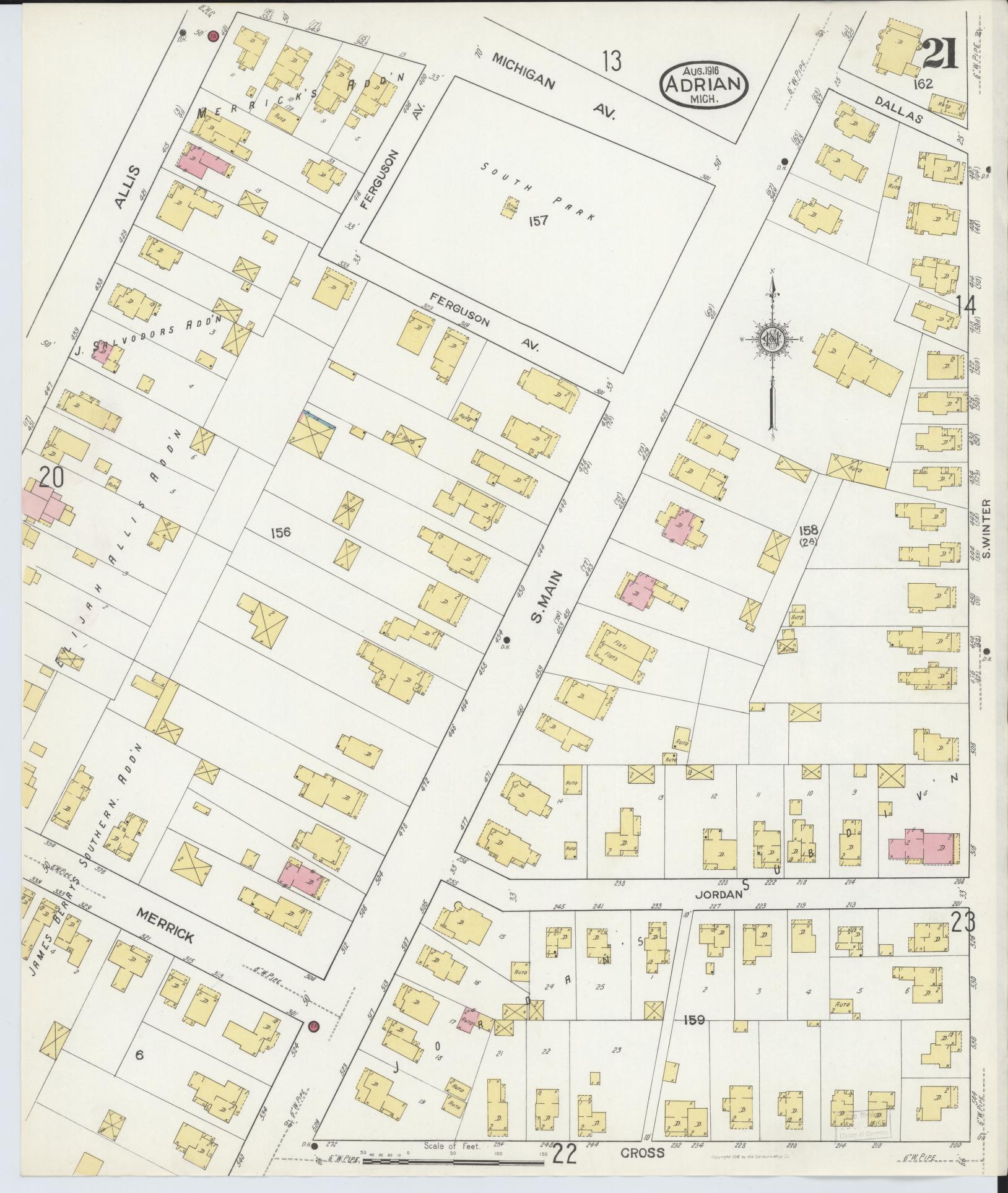 Sanborn Fire Insurance Map from Adrian, Lenawee County, Michigan (1916), Sheet #0021 - Complete Map Set gallery image, historic Sanborn map, vintage wall art, Michigan Michigan