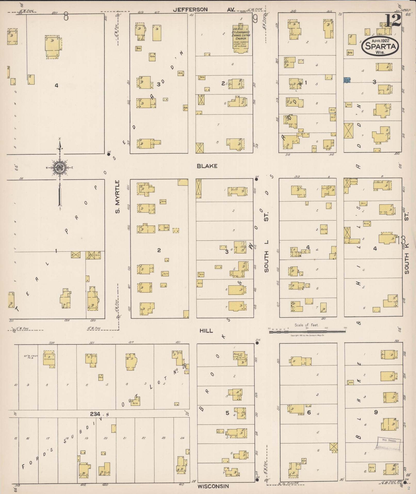 Sanborn Fire Insurance Map from Sparta, Monroe County, Wisconsin (1922), Sheet #0012 - Historic Sanborn Fire Insurance Map Print, vintage old map wall art, antique decor, genealogy gift, Wisconsin Wisconsin map