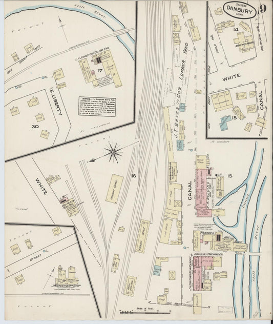 Sanborn Fire Insurance Map from Danbury, Fairfield County, Connecticut (1884), Sheet #0009 - Historic Sanborn Fire Insurance Map Print, vintage old map wall art, antique decor, genealogy gift, Connecticut Connecticut map