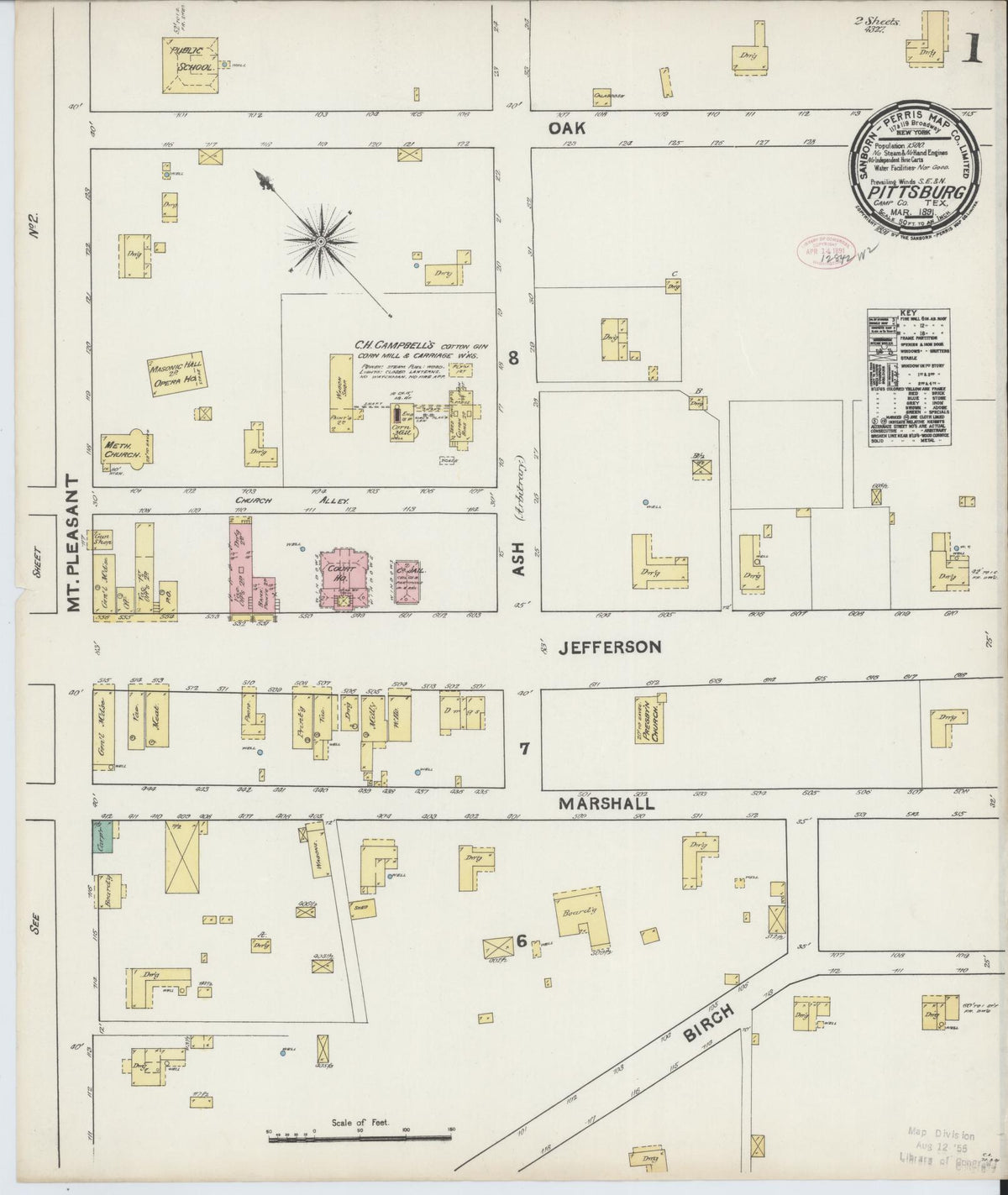 Sanborn Fire Insurance Map from Pittsburg, Camp County, Texas (1891), Sheet #0001 - Complete Map Set gallery image, historic Sanborn map, vintage wall art, Texas Texas