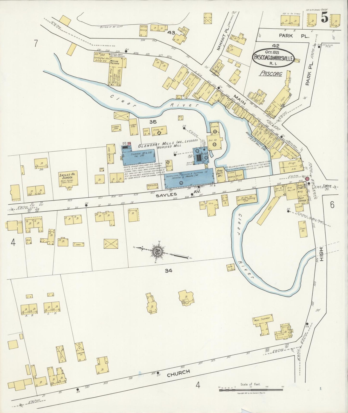 Sanborn Fire Insurance Map from Pascoag, Providence County, Rhode Island (1921), Sheet #0005 - Complete Map Set gallery image, historic Sanborn map, vintage wall art, Rhode Island Rhode Island