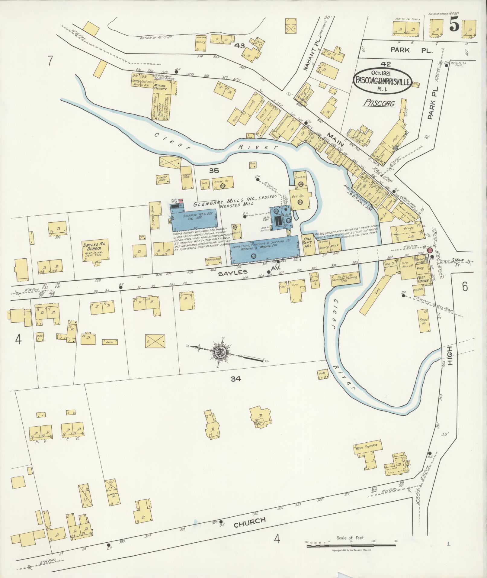 Sanborn Fire Insurance Map from Pascoag, Providence County, Rhode Island (1921), Sheet #0005 - Complete Map Set gallery image, historic Sanborn map, vintage wall art, Rhode Island Rhode Island