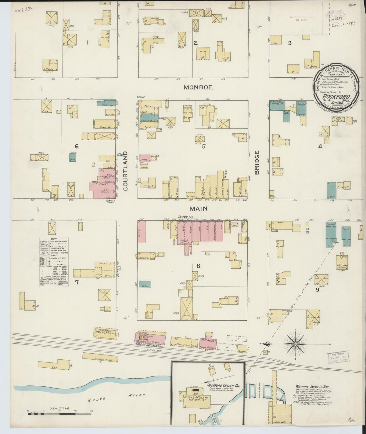 Sanborn Fire Insurance Map from Rockford, Kent County, Michigan (1893), Sheet #0001 - Historic Sanborn Fire Insurance Map Print, vintage old map wall art, antique decor, genealogy gift, Michigan Michigan map
