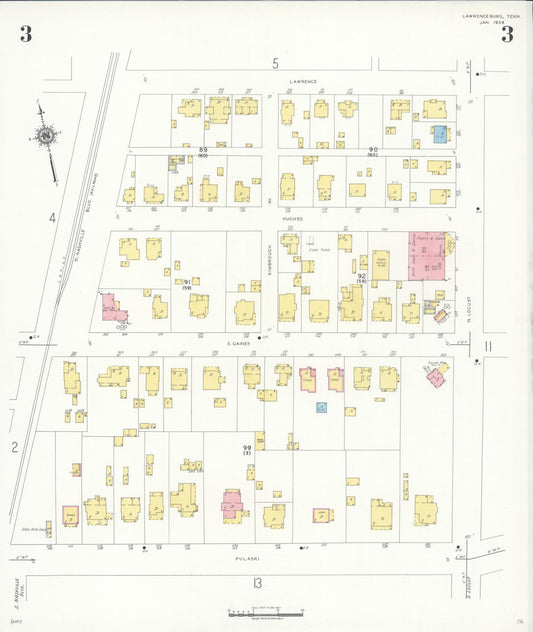 Sanborn Fire Insurance Map from Lawrenceburg, Lawrence County, Tennessee (1939), Sheet #0003 - Historic Sanborn Fire Insurance Map Print, vintage old map wall art, antique decor, genealogy gift, Tennessee Tennessee map