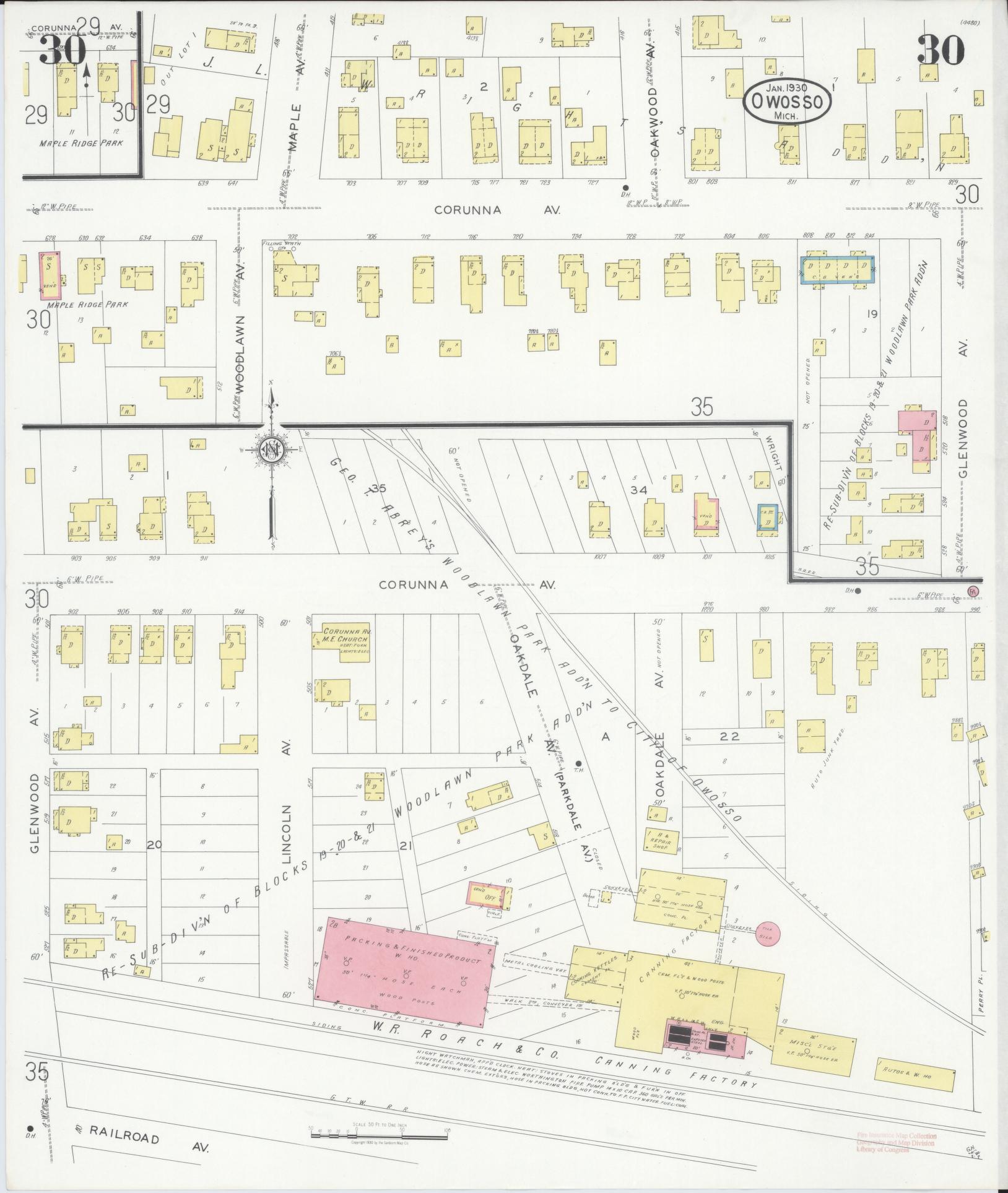 Sanborn Fire Insurance Map from Owosso, Shiawassee County, Michigan (1930), Sheet #0030 - Historic Sanborn Fire Insurance Map Print, vintage old map wall art, antique decor, genealogy gift, Michigan Michigan map