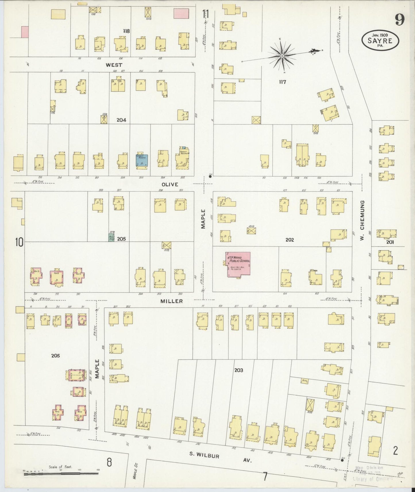 Sanborn Fire Insurance Map from Sayre, Bradford County, Pennsylvania (1909), Sheet #0009 - Historic Sanborn Fire Insurance Map Print, vintage old map wall art, antique decor, genealogy gift, Pennsylvania Pennsylvania map