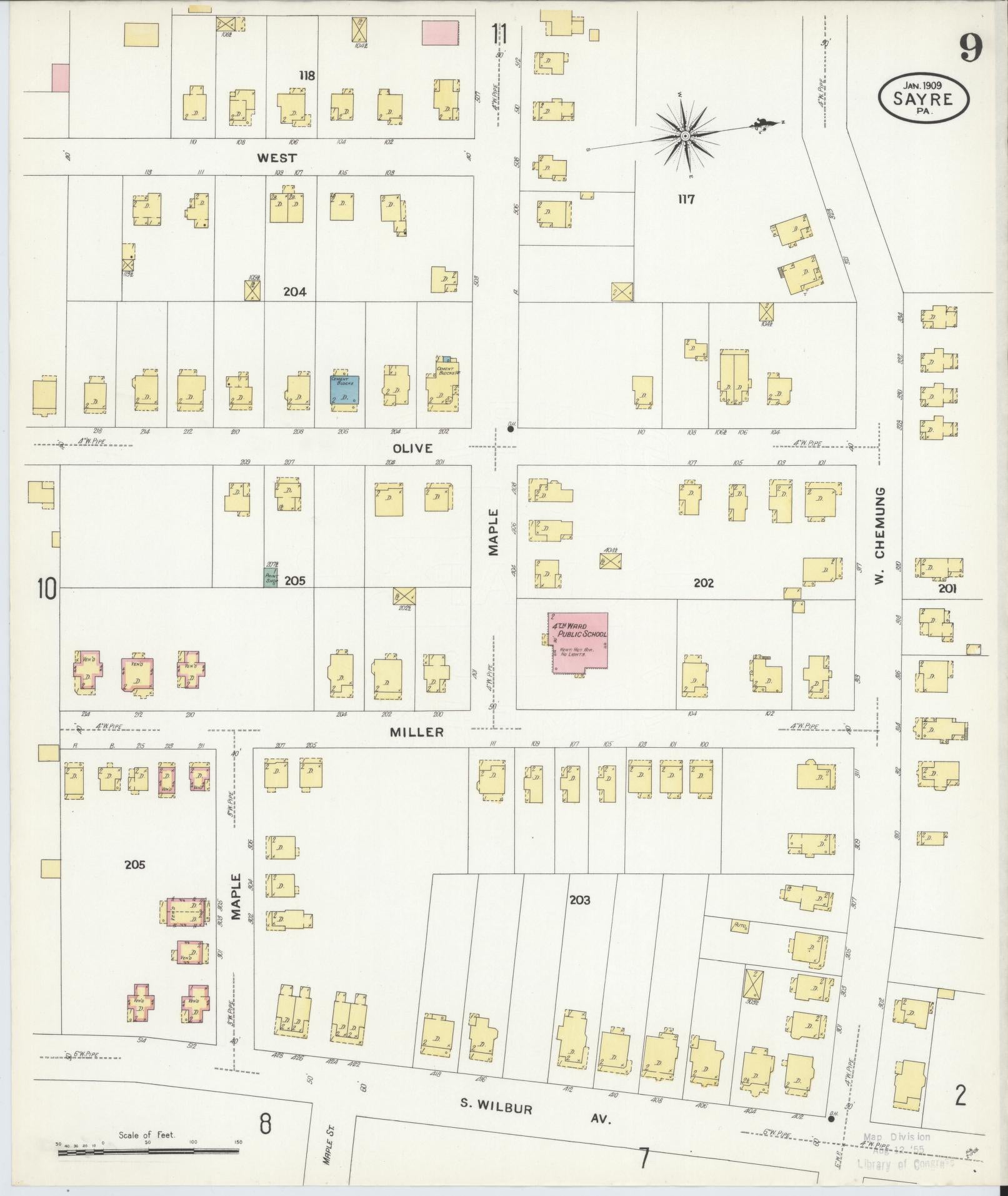 Sanborn Fire Insurance Map from Sayre, Bradford County, Pennsylvania (1909), Sheet #0009 - Historic Sanborn Fire Insurance Map Print, vintage old map wall art, antique decor, genealogy gift, Pennsylvania Pennsylvania map