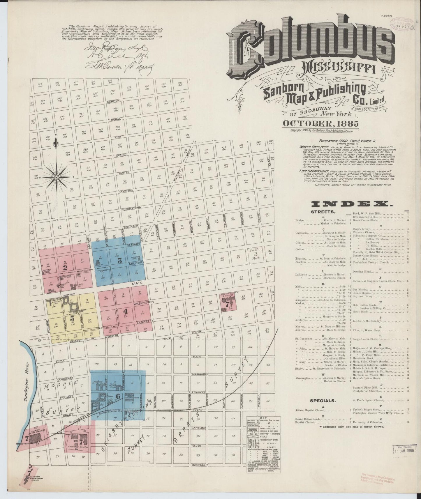 Sanborn Fire Insurance Map from Columbus, Lowndes County, Mississippi (1885), Sheet #0001 - Historic Sanborn Fire Insurance Map Print, vintage old map wall art, antique decor, genealogy gift, Mississippi Mississippi map