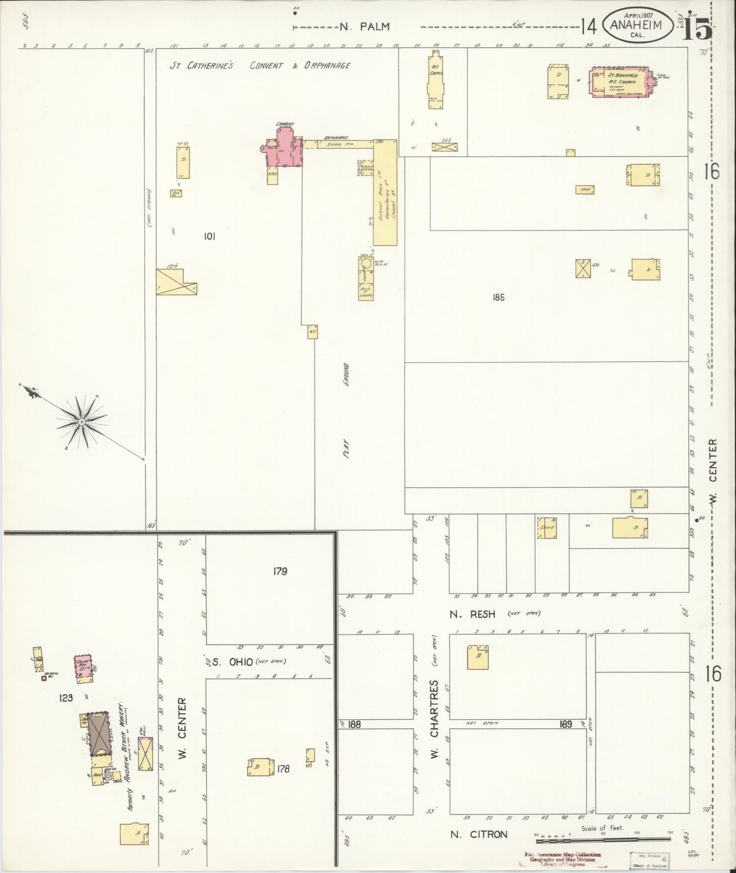 Sanborn Fire Insurance Map from Anaheim, Orange County, California (1907), Sheet #0015 - Historic Sanborn Fire Insurance Map Print, vintage old map wall art, antique decor, genealogy gift, California California map
