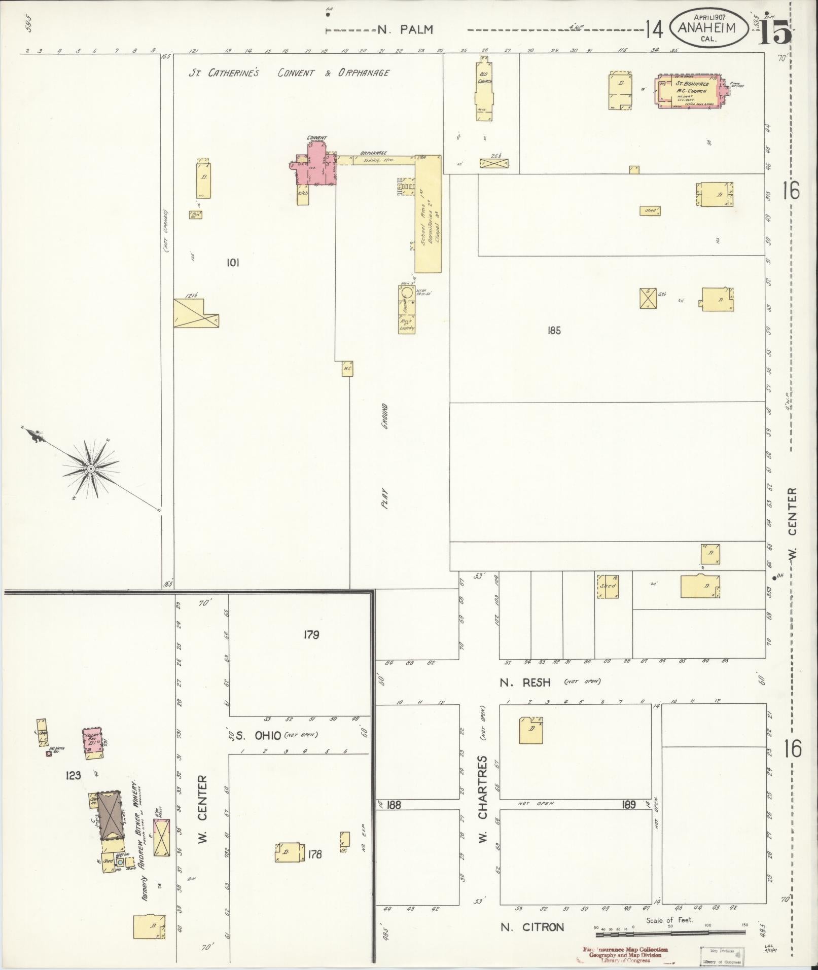 Sanborn Fire Insurance Map from Anaheim, Orange County, California (1907), Sheet #0015 - Historic Sanborn Fire Insurance Map Print, vintage old map wall art, antique decor, genealogy gift, California California map