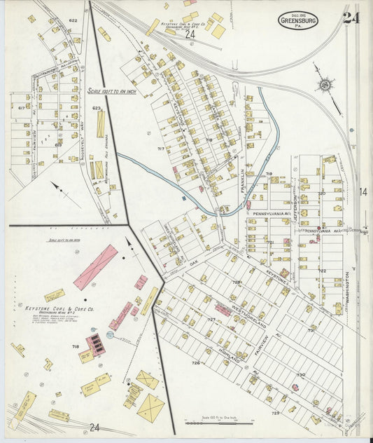 Sanborn Fire Insurance Map from Greensburg, Westmoreland County, Pennsylvania (1915), Sheet #0024 - Historic Sanborn Fire Insurance Map Print, vintage old map wall art, antique decor, genealogy gift, Pennsylvania Pennsylvania map