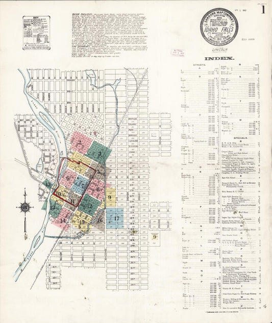 Sanborn Fire Insurance Map from Idaho Falls, Bonneville County, Idaho (1911), Sheet #0001 - Historic Sanborn Fire Insurance Map Print, vintage old map wall art, antique decor, genealogy gift, Idaho Idaho map