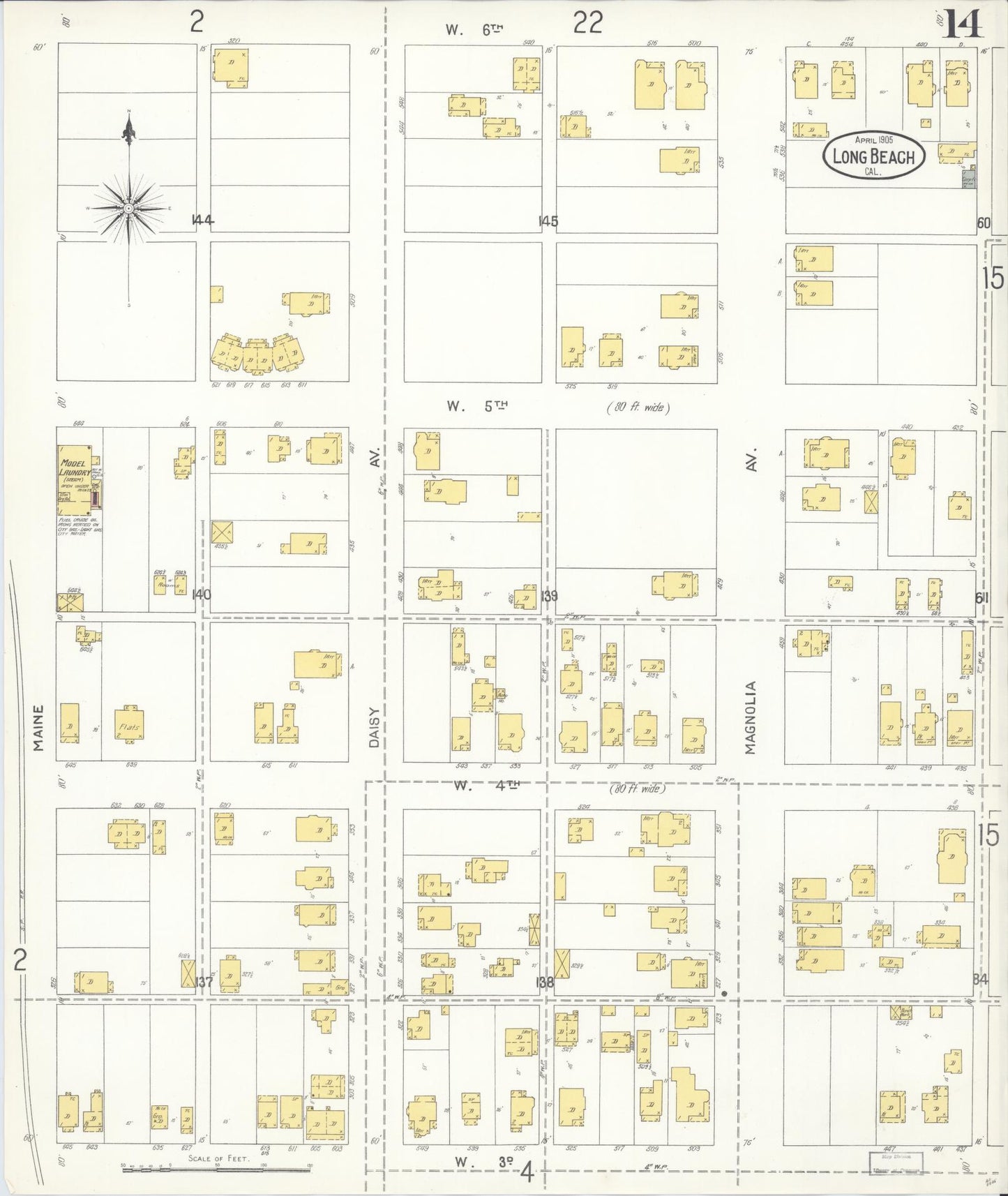 Sanborn Fire Insurance Map from Long Beach, Los Angeles County, California (1905), Sheet #0014 - Complete Map Set gallery image, historic Sanborn map, vintage wall art, California California