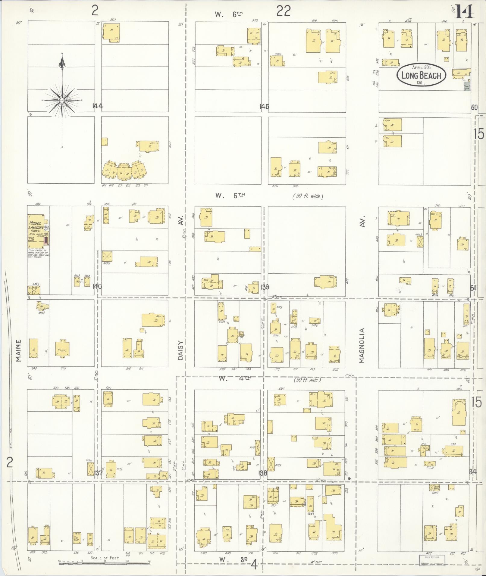 Sanborn Fire Insurance Map from Long Beach, Los Angeles County, California (1905), Sheet #0014 - Complete Map Set gallery image, historic Sanborn map, vintage wall art, California California
