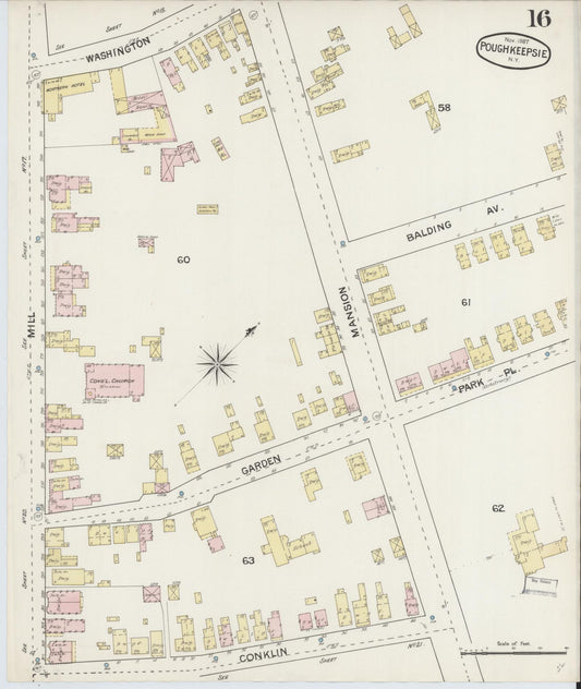 Sanborn Fire Insurance Map from Poughkeepsie, Dutchess County, New York (1887), Sheet #0016 - Historic Sanborn Fire Insurance Map Print, vintage old map wall art, antique decor, genealogy gift, New York New York map