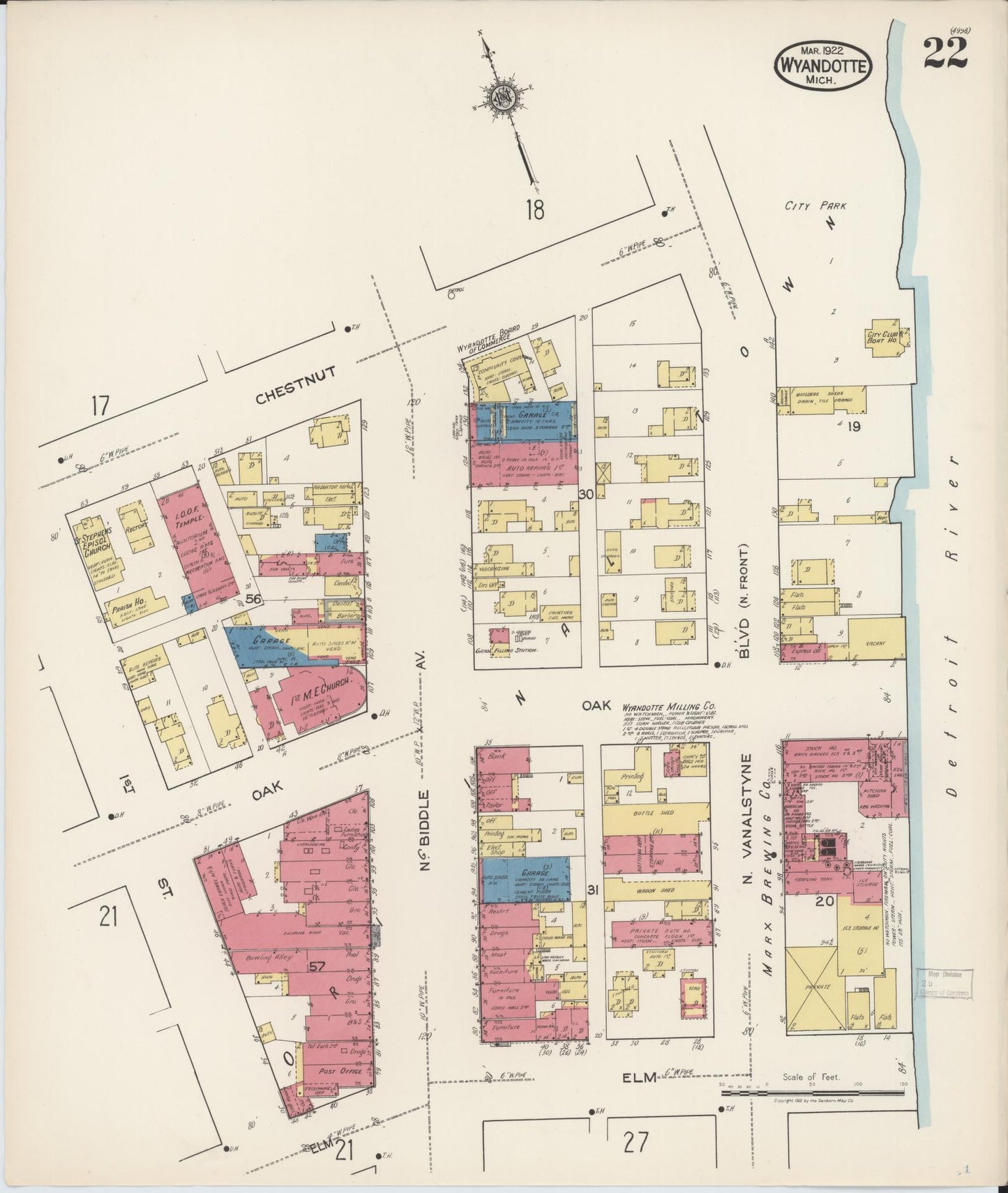 Sanborn Fire Insurance Map from Wyandotte, Wayne County, Michigan (1922), Sheet #0022 - Historic Sanborn Fire Insurance Map Print, vintage old map wall art, antique decor, genealogy gift, Michigan Michigan map