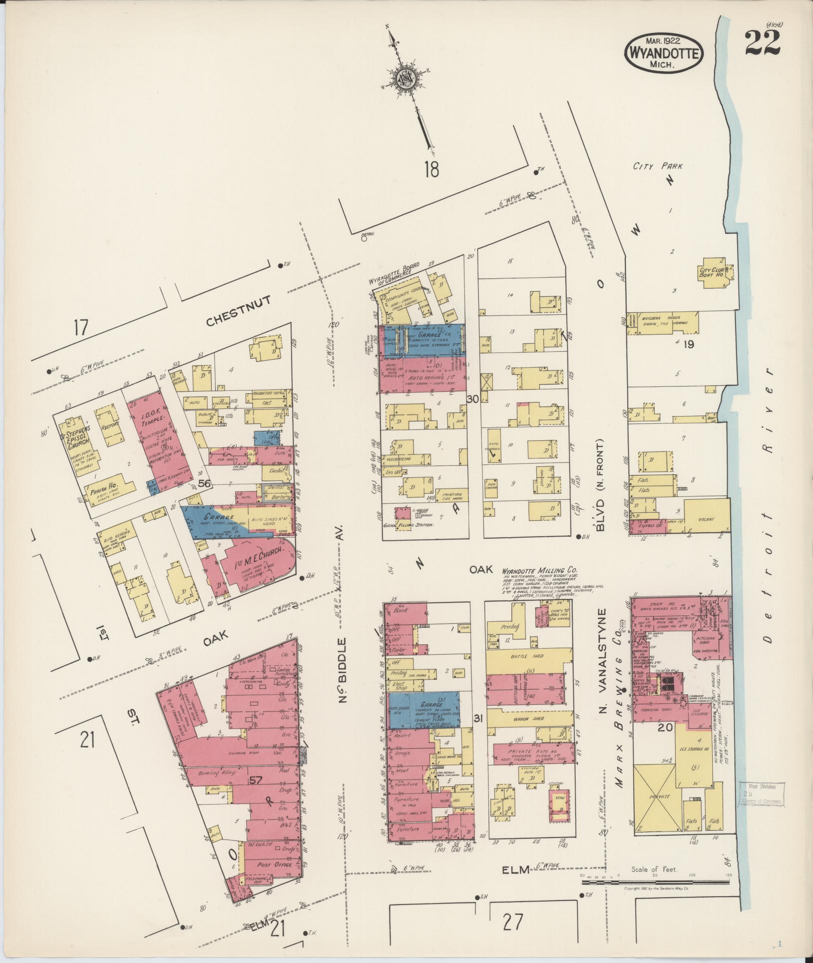 Sanborn Fire Insurance Map from Wyandotte, Wayne County, Michigan (1922), Sheet #0022 - Historic Sanborn Fire Insurance Map Print, vintage old map wall art, antique decor, genealogy gift, Michigan Michigan map
