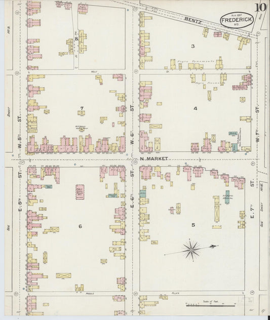 Frederick, Maryland - 1887 - Sanborn Fire Insurance Map, Sheet #0010 - Historic Sanborn Fire Insurance Map Print, Frederick Maryland 1887 0010 vintage old map wall art