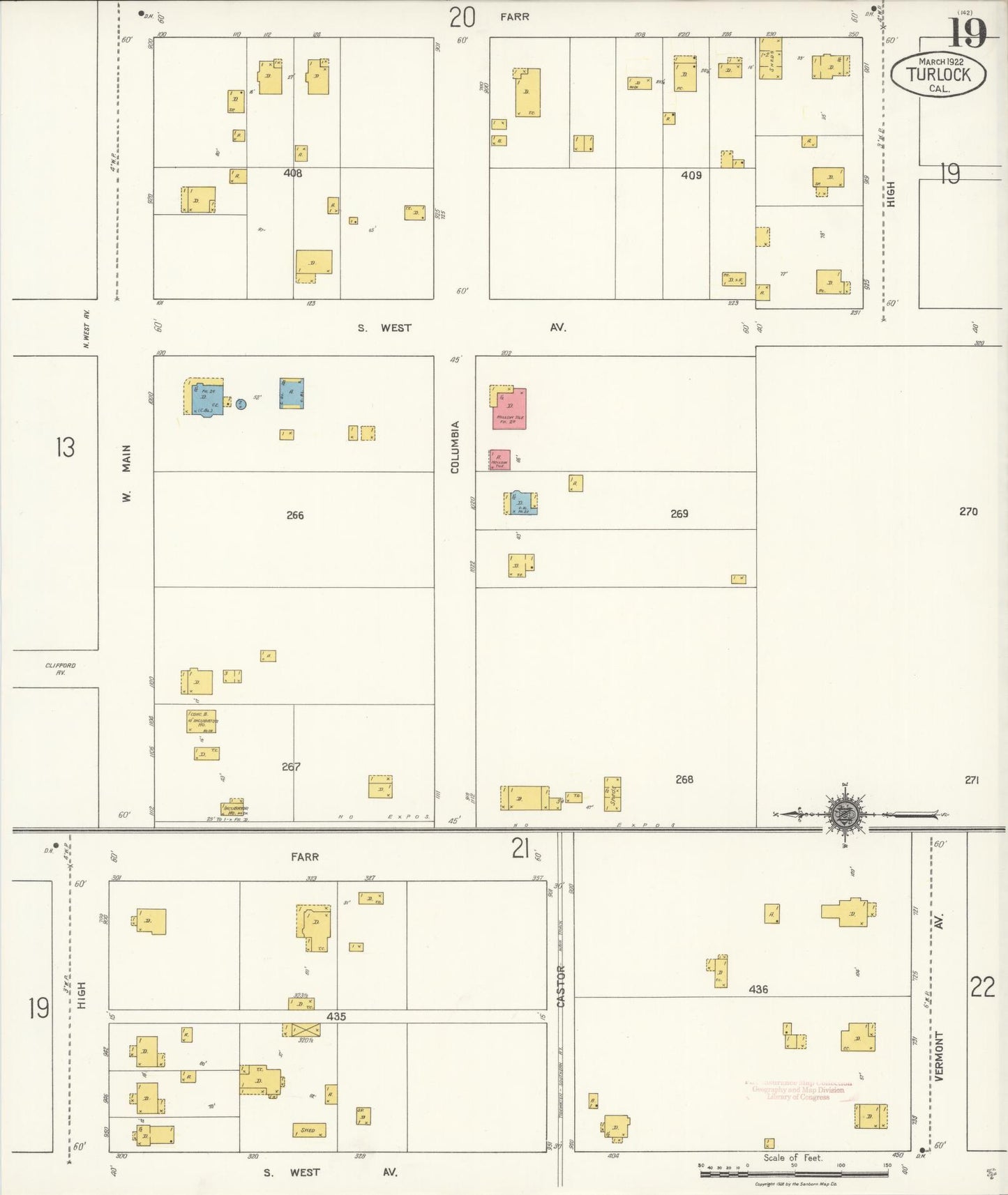 Sanborn Fire Insurance Map from Turlock, Stanislaus County, California (1922), Sheet #0019 - Complete Map Set gallery image, historic Sanborn map, vintage wall art, California California