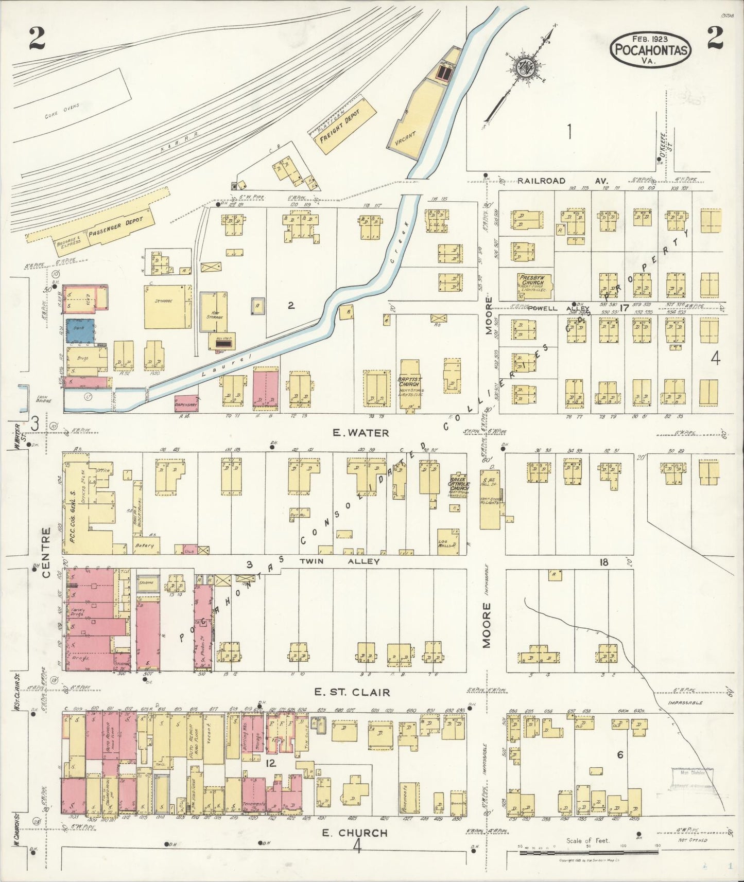 Sanborn Fire Insurance Map from Pocahontas, Tazewell County, Virginia (1923), Sheet #0002 - Complete Map Set gallery image, historic Sanborn map, vintage wall art, Virginia Virginia