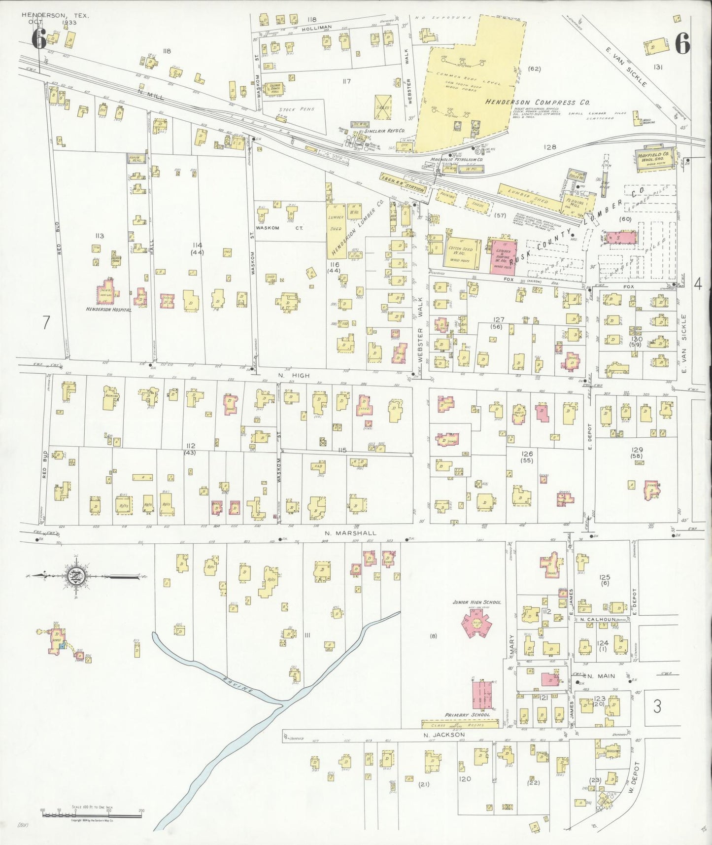 Sanborn Fire Insurance Map from Henderson, Rusk County, Texas (1933), Sheet #0006 - Complete Map Set gallery image, historic Sanborn map, vintage wall art, Texas Texas