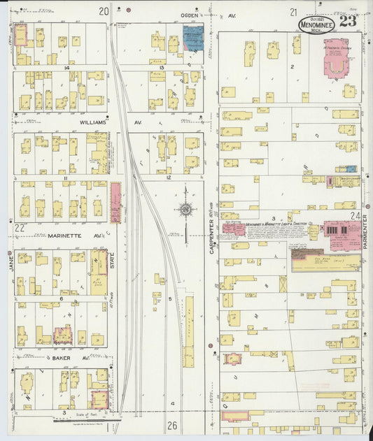 Sanborn Fire Insurance Map from Menominee, Menominee County, Michigan (1921), Sheet #0023 - Historic Sanborn Fire Insurance Map Print, vintage old map wall art, antique decor, genealogy gift, Michigan Michigan map