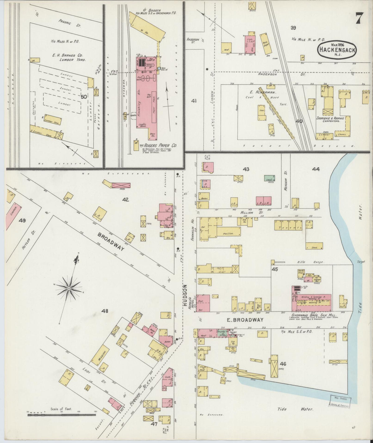 Sanborn Fire Insurance Map from Hackensack, Bergen County, New Jersey (1896), Sheet #0007 - Historic Sanborn Fire Insurance Map Print, vintage old map wall art, antique decor, genealogy gift, New Jersey New Jersey map