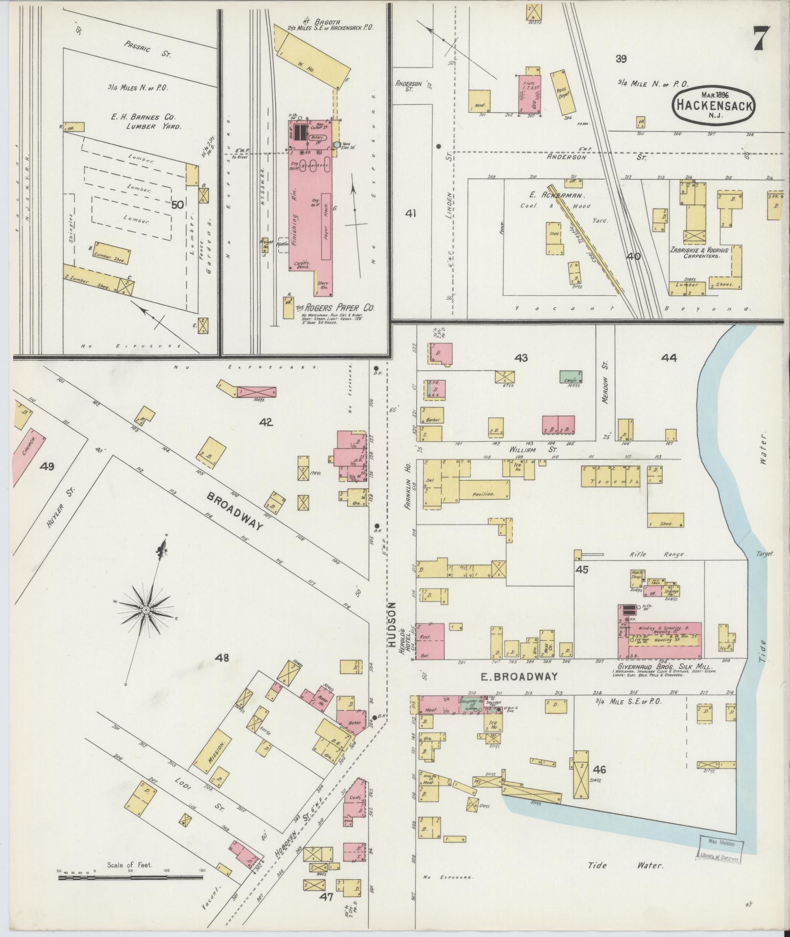 Sanborn Fire Insurance Map from Hackensack, Bergen County, New Jersey (1896), Sheet #0007 - Historic Sanborn Fire Insurance Map Print, vintage old map wall art, antique decor, genealogy gift, New Jersey New Jersey map