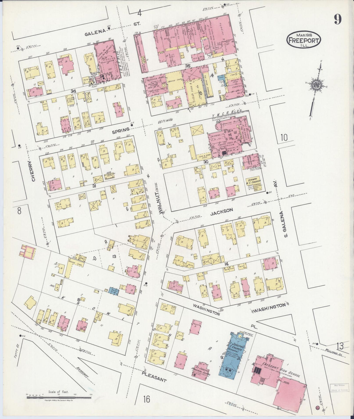 Sanborn Fire Insurance Map from Freeport, Stephenson County, Illinois (1918), Sheet #0009 - Historic Sanborn Fire Insurance Map Print, vintage old map wall art, antique decor, genealogy gift, Illinois Illinois map