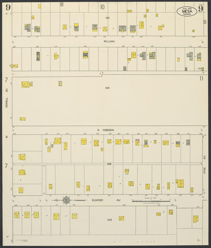 Sanborn Fire Insurance Map from Mesa, Maricopa County, Arizona (1923), Sheet #0009 - Complete Map Set gallery image, historic Sanborn map, vintage wall art, Arizona Arizona