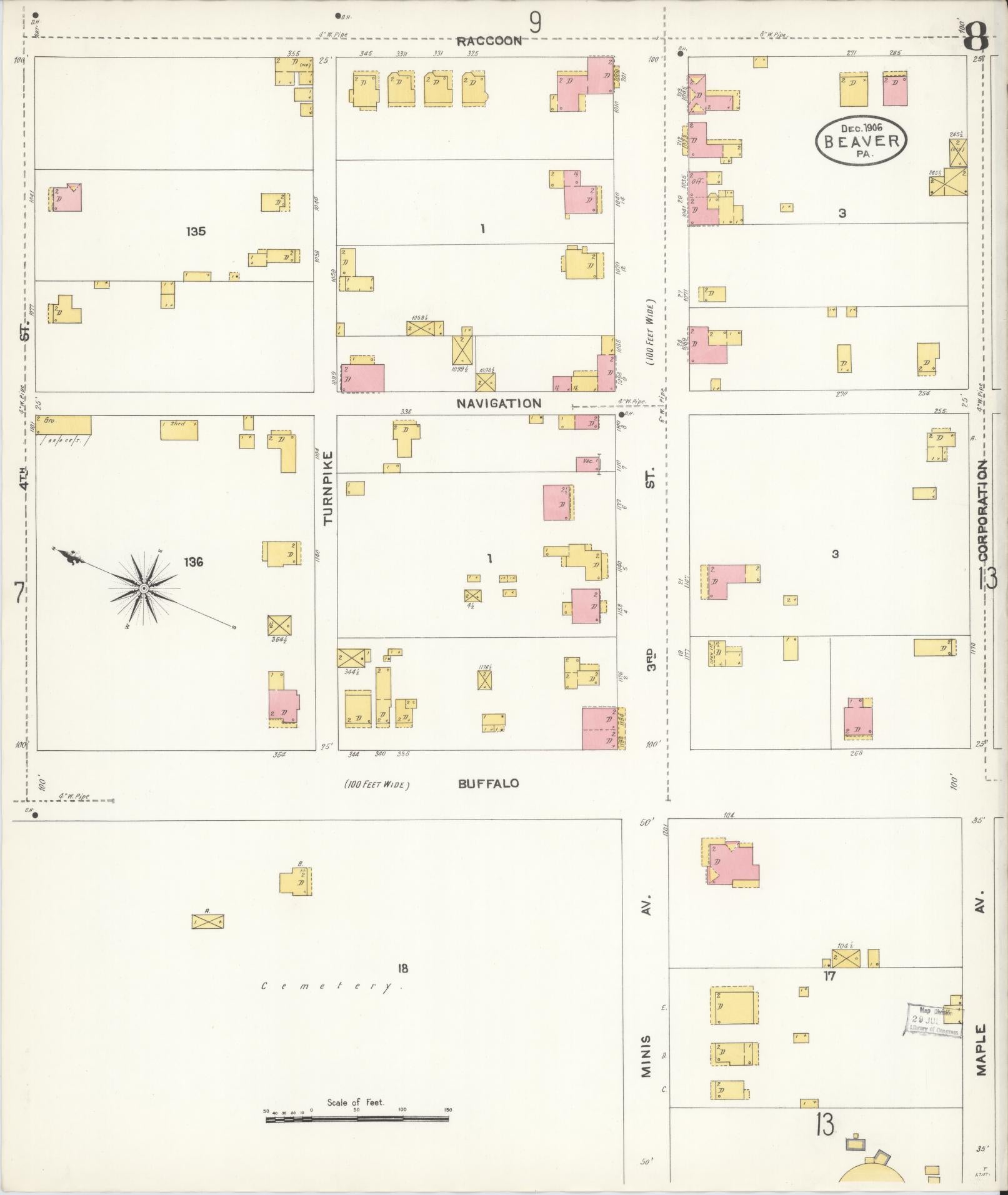 Sanborn Fire Insurance Map from Beaver, Beaver County, Pennsylvania (1906), Sheet #0008 - Historic Sanborn Fire Insurance Map Print, vintage old map wall art, antique decor, genealogy gift, Pennsylvania Pennsylvania map