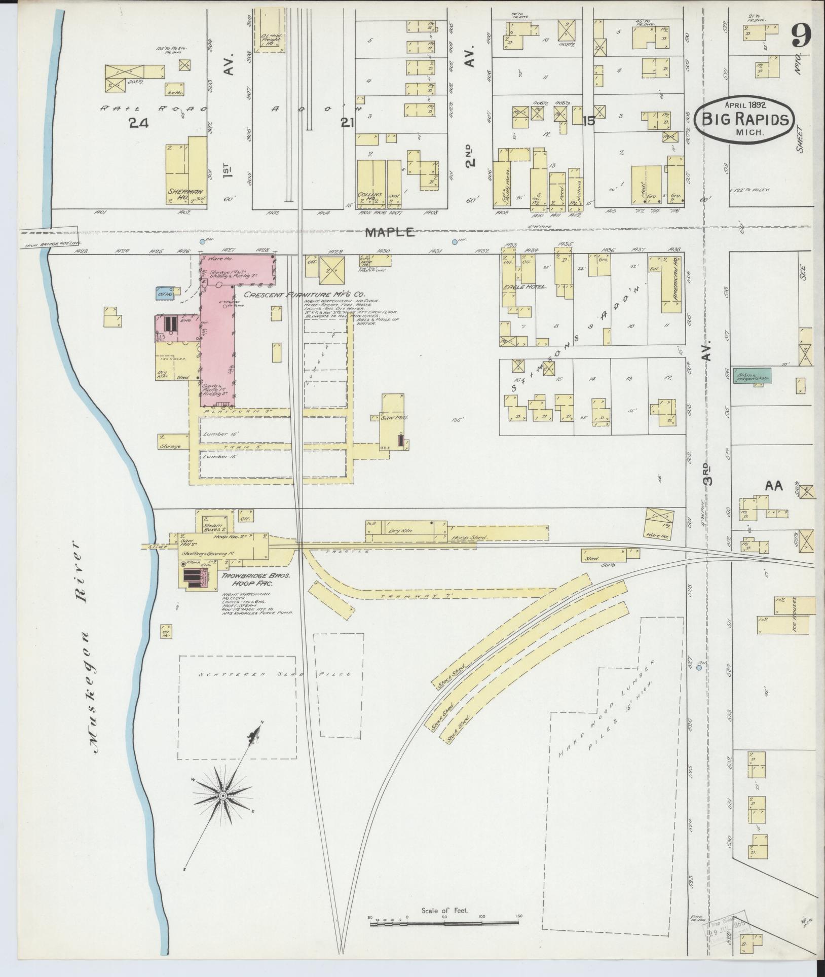 Sanborn Fire Insurance Map from Big Rapids, Mecosta County, Michigan (1892), Sheet #0009 - Historic Sanborn Fire Insurance Map Print, vintage old map wall art, antique decor, genealogy gift, Michigan Michigan map