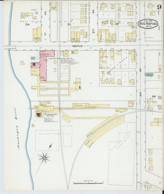 Sanborn Fire Insurance Map from Big Rapids, Mecosta County, Michigan (1892), Sheet #0009 - Historic Sanborn Fire Insurance Map Print, vintage old map wall art, antique decor, genealogy gift, Michigan Michigan map